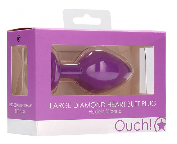 Фиолетовая анальная пробка с прозрачным стразом Large Ribbed Diamond Heart Plug - 8 см. от Intimcat