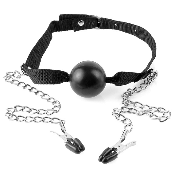 Черный кляп Ball Gag   Nipple Clamps с зажимами на соски от Intimcat