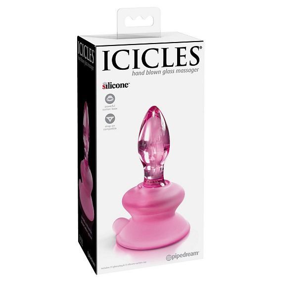 Розовая стеклянная пробка Icicles №90 с силиконовой присоской - 8 см. - стекло, силикон