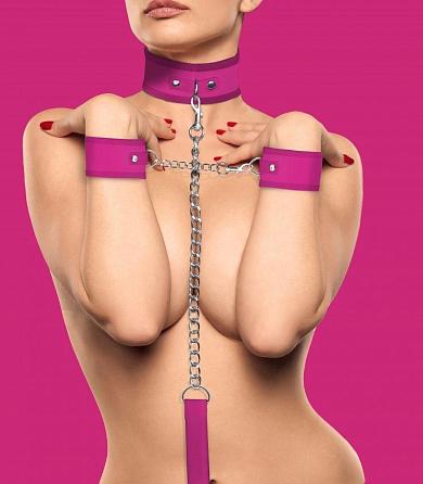 Розовый ошейник с поводком и наручниками Velcro Collar With Seperate Cuffs