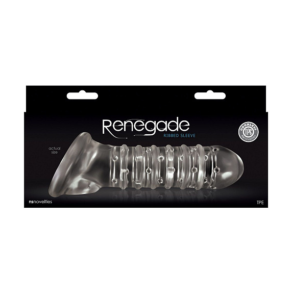 Прозрачная насадка на пенис с точками, рёбрами и подхватом мошонки Renegade Ribbed Sleeve - термопластичный эластомер (TPE)
