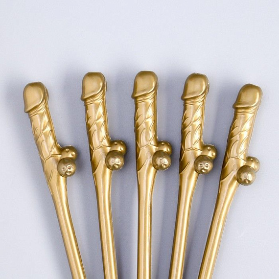Золотистые коктейльные трубочки в виде пениса - 5 шт. - пластик