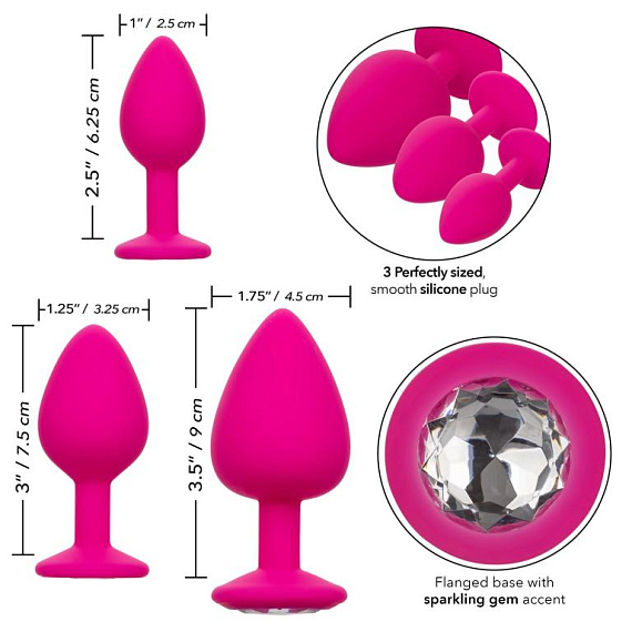 Набор из трёх розовых анальных пробок с кристаллом Cheeky Gems - силикон