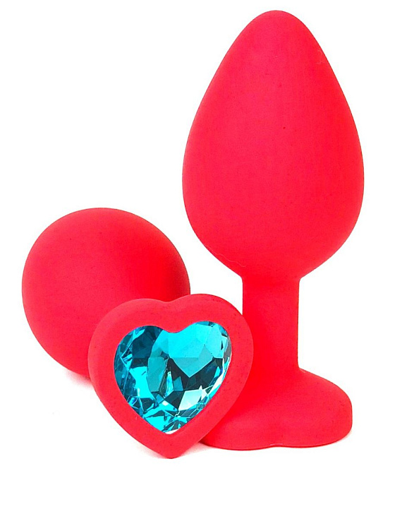 Красная силиконовая анальная пробка с голубым стразом-сердцем - 8,5 см.