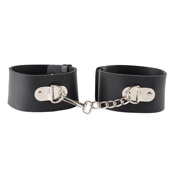 Черные гладкие наручники с металлическими вставками от Intimcat