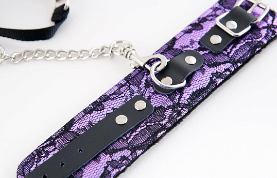 Пурпурный кружевной набор: ошейник и наручники - 100% хлопок