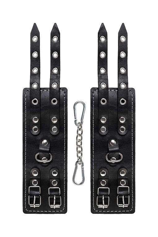 Черные кожаные наручники с двумя ремнями и красной подкладкой - фото 5