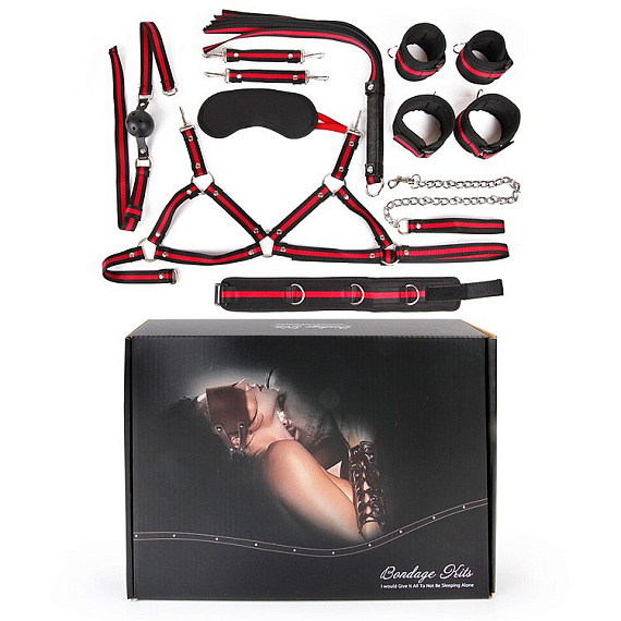 Черно-красный набор БДСМ: наручники, оковы, ошейник с поводком, кляп, маска, плеть, лиф - текстиль
