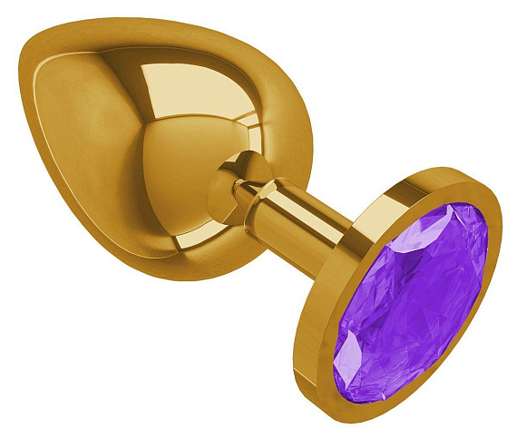 Золотистая большая анальная пробка с фиолетовым кристаллом - 9,5 см. - металл