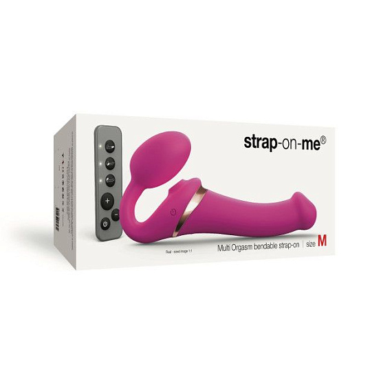 Ярко-розовый безремневой страпон Multi Orgasm Size M с клиторальной стимуляцией от Intimcat