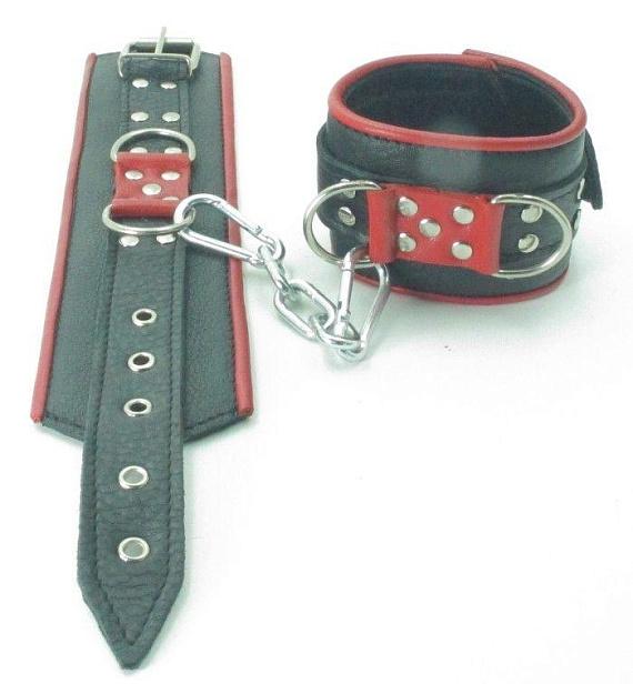 Широкие черные наручники с красным декором - искусственная кожа