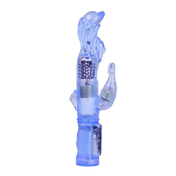 Ротатор голубого цвета с вибрацией и клиторальным стимулятором - 23 см. - термопластичная резина (TPR)