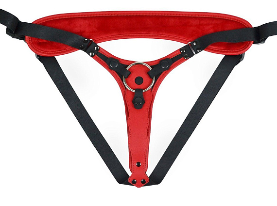 Красно-черный женский пояс с 2 способами крепления насадок и вагинальной пробкой от Intimcat