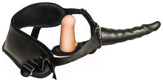 Женский страпон с чёрной насадкой и вагинальной пробкой - 18,5 и 10,5 см. - неоскин
