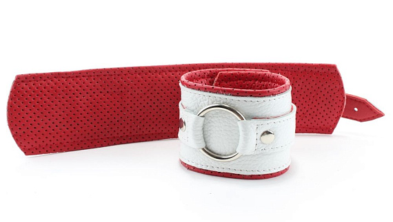 Бело-красные кожаные наручники с кольцом - натуральная кожа