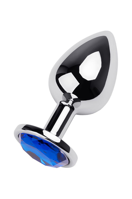 Серебристая анальная втулка с синим стразом - 9,5 см. - металл