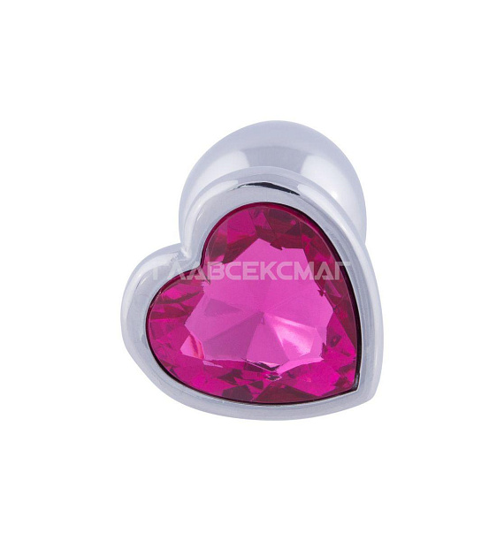 Серебристая анальная пробка с ярко-розовым кристаллом-сердцем - 7 см. - металл
