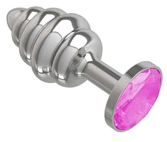 Серебристая пробка с рёбрышками и розовым кристаллом - 7 см. - металл