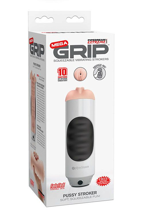 Мастурбатор-вагина Mega Grip Vibrating Stroker Pussy - термопластичная резина (TPR)