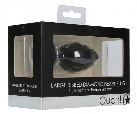 Черная анальная пробка Large Ribbed Diamond Heart Plug - 8 см. - силикон