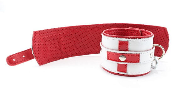 Бело-красные кожаные наручники  Медсестричка - натуральная кожа
