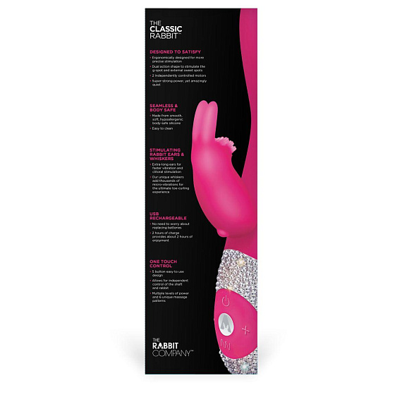 Ярко-розовый вибромассажёр с клиторальным отростком и отделанной стразами рукоятью The Classic Rabbit - 22 см. от Intimcat