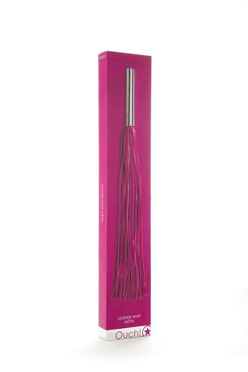 Розовая плётка Leather Whip Metal Long - 49,5 см. - металл, натуральная кожа