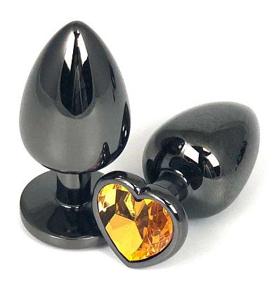 Черная металлическая анальная пробка с оранжевым стразом-сердечком - 6,5 см.
