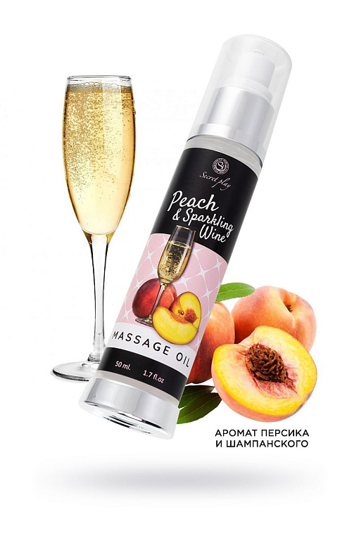 Массажное масло с ароматом персика и шампанского - 50 мл. - 