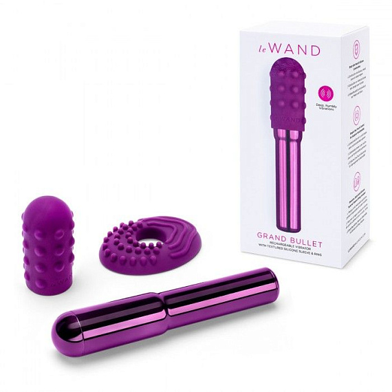 Фиолетовый жезловый вибратор Le Wand Grand Bullet с двумя нежными насадками - металл, силикон