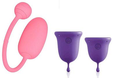 Набор: розовый тренажер Кегеля Magic Kegel Coach и фиолетовые менструальные чаши