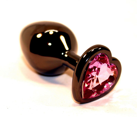 Чёрная анальная пробка с розовым стразом-сердцем - 8 см. - металл