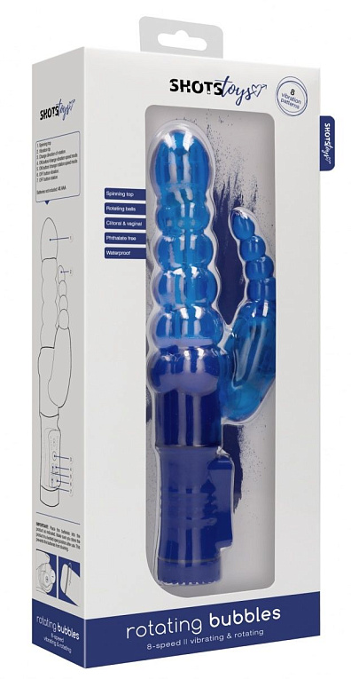 Синий вибратор-кролик Rotating Bubbles - 23,2 см. - термопластичный эластомер (TPE)