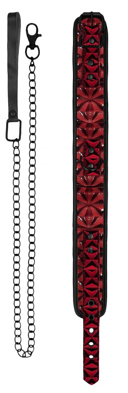 Красно-черный широкий ошейник с поводком Luxury Collar with Leash - искусственная кожа