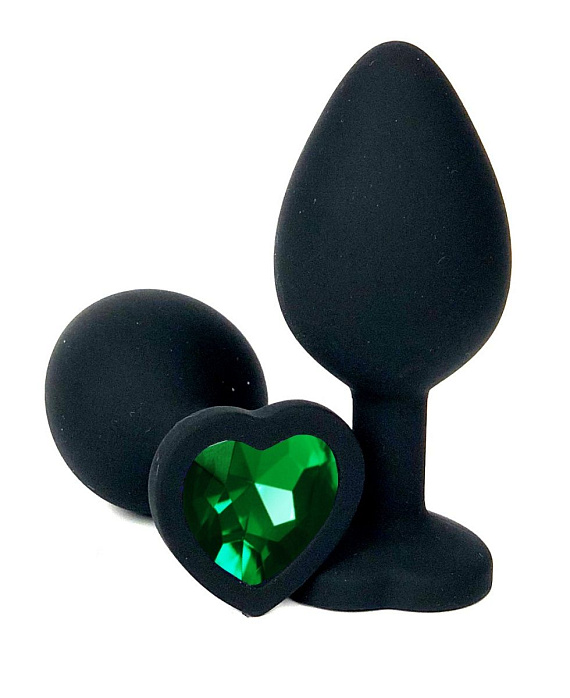 Черная силиконовая пробка с зеленым кристаллом-сердцем - 10,5 см.