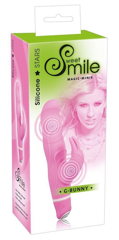 Розовый вибратор Smile Bunny с клиторальным зайчиком - 15 см. - силикон