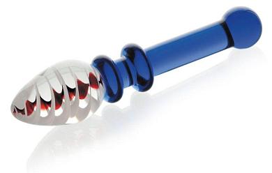 Стеклянный фаллоимитатор с синей ручкой - 16 см.