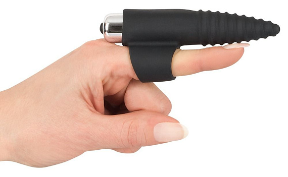 Черная вибронасадка на палец с винтовым наконечником Finger Vibrator - 10,5 см. Orion