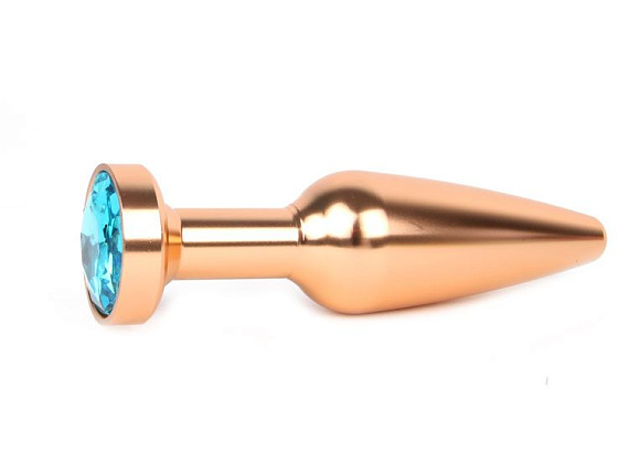 Удлиненная коническая гладкая золотистая анальная втулка с голубым кристаллом - 11,3 см.
