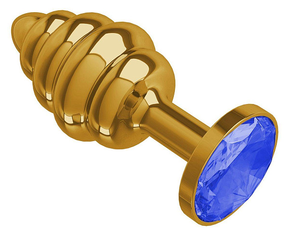 Золотистая пробка с рёбрышками и синим кристаллом - 7 см. - металл