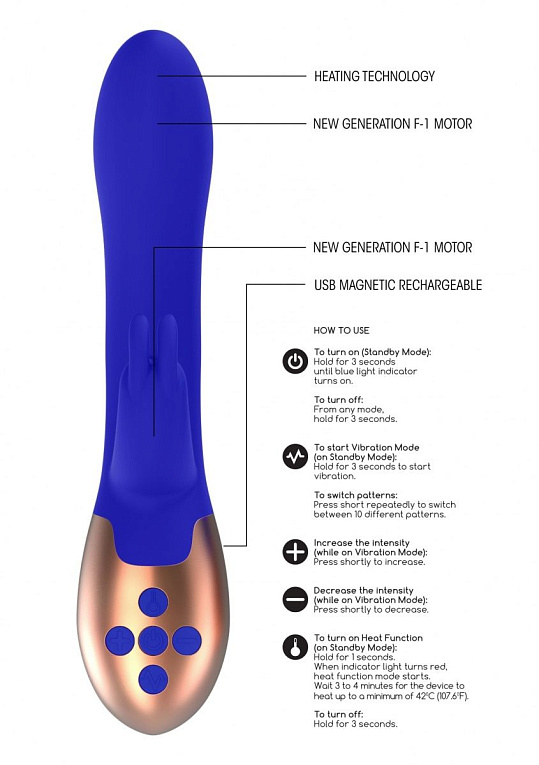Синий вибратор Opulent с функцией нагрева и клиторальной стимуляцией - 20 см. Shots Media BV