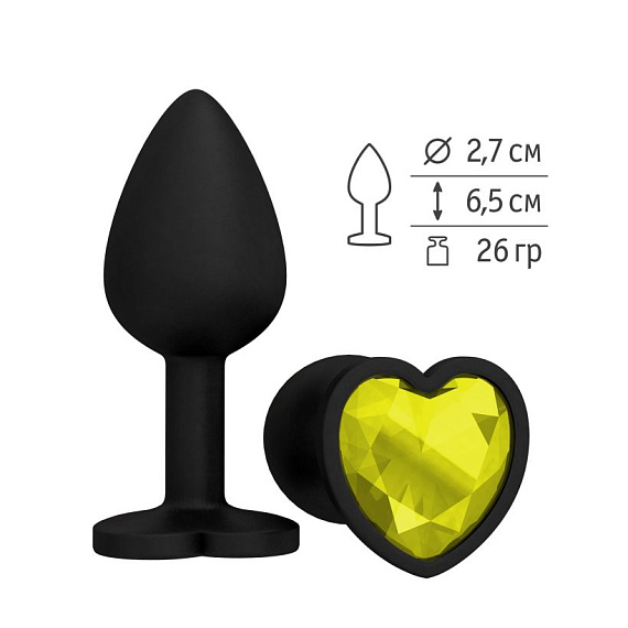 Черная силиконовая пробка с желтым кристаллом-сердцем - 8,5 см. - силикон