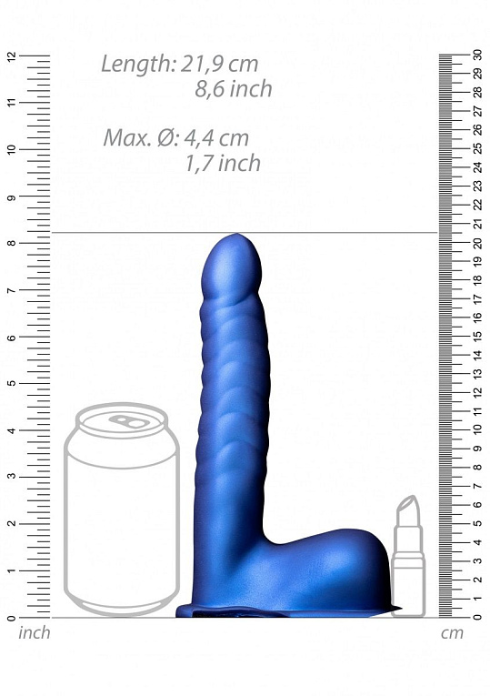 Синий страпон-фаллопротез с ребрами и мошонкой - 21,9 см. - фото 10