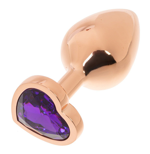 Золотистая анальная пробка OYO с фиолетовым кристаллом-сердцем - 7,3 см. - металл