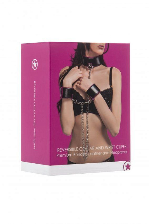 Чёрно-розовый двусторонний ошейник с наручниками Reversible Collar and Wrist Cuffs - фото 5