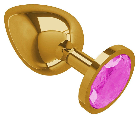 Золотистая большая анальная пробка с розовым кристаллом - 9,5 см. - металл