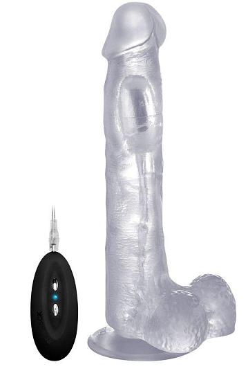 Прозрачный вибратор-реалистик Vibrating Realistic Cock 10  With Scrotum - 27 см.