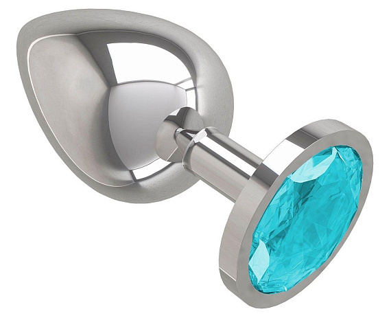 Серебристая большая анальная пробка с голубым кристаллом - 9,5 см. - металл