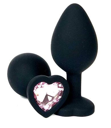 Черная силиконовая пробка с нежно-розовым кристаллом-сердцем - 8,5 см.