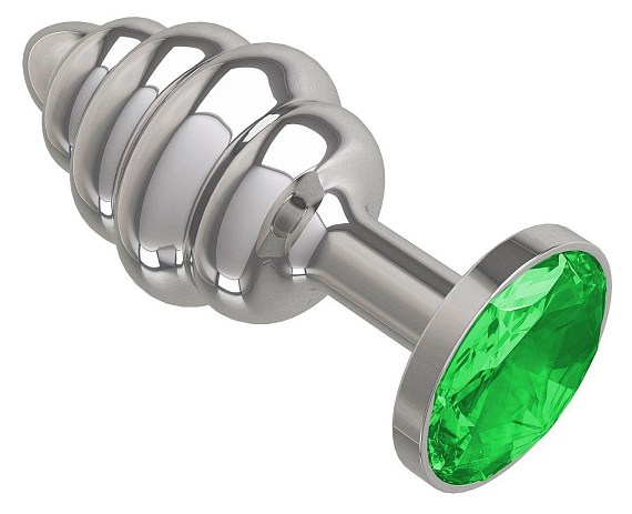 Серебристая пробка с рёбрышками и зеленым кристаллом - 7 см. - металл
